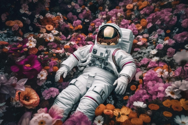 Astronaut floating among sea of flowers surrounded by their beauty