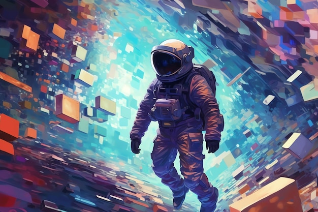 A astronaut floating in space captured in a cubism art