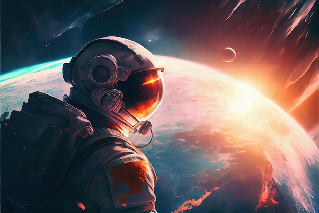 Foto l'astronauta che galleggia nello spazio guarda il pianeta che esplode