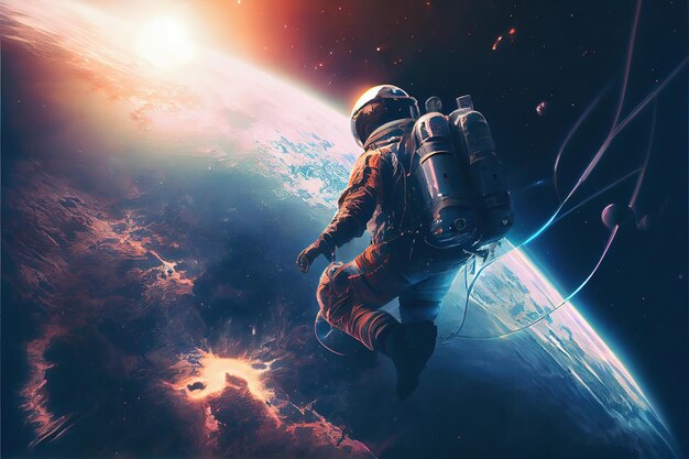 Astronaut floating in space looks at exploding planet