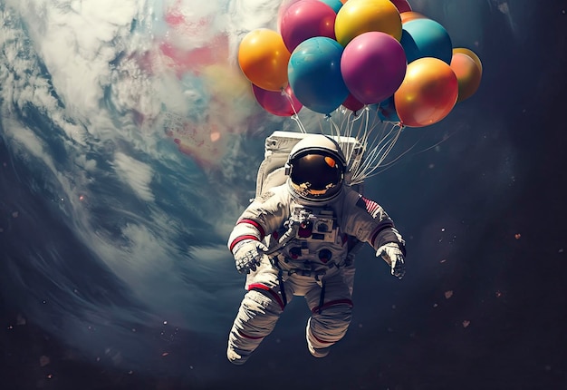 たくさんの風船を持って宇宙に浮かぶ宇宙飛行士