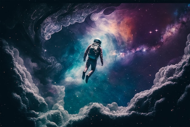 An astronaut floating in space with clouds and stars