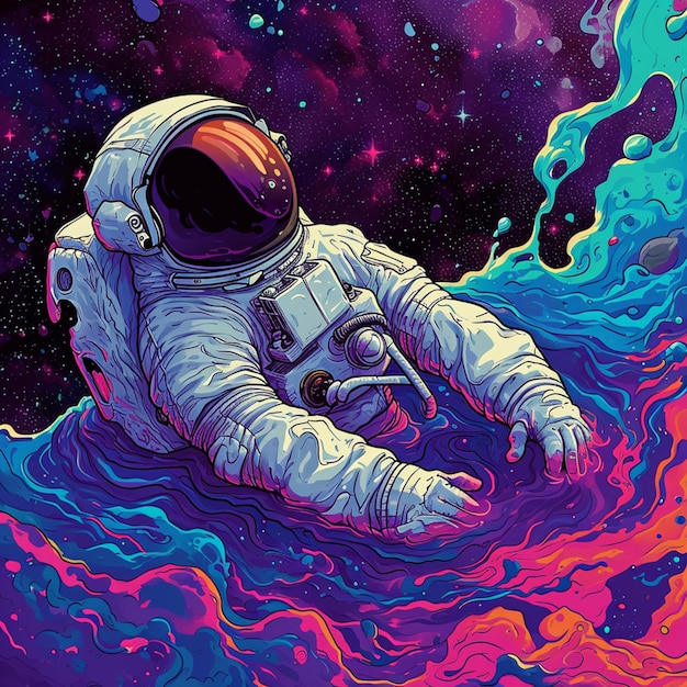 astronaut floating in space with colorful liquid swirling around him generative ai