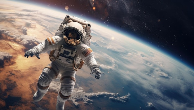 An astronaut floating in space with earth in the background