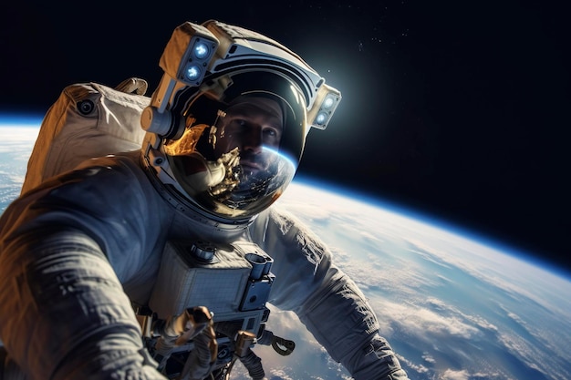 Astronaut floating in space with earths horizon in the background