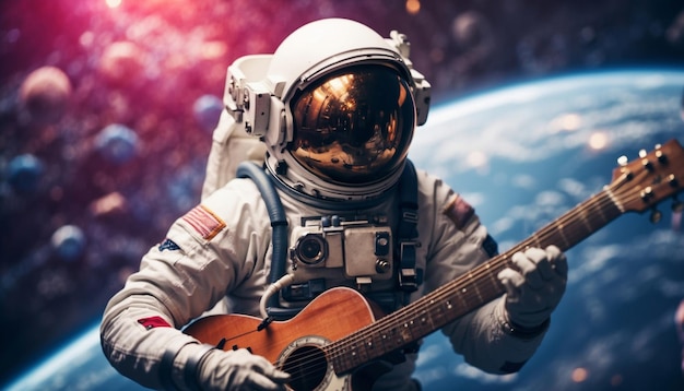 手にギターを持って宇宙に浮かぶ宇宙飛行士