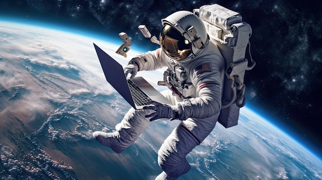 An astronaut floating in space with a laptop on the surface of the earth.