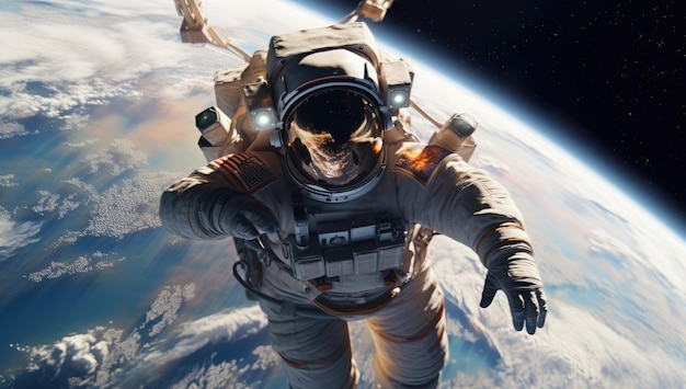 An astronaut floating in space with the word space on the screen.