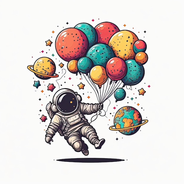 Astronaut floating through space holding on to many colorful balloons on white backgound Generative AI