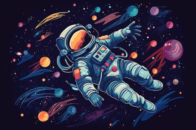 Astronaut floating in zero gravity among the stars and planets created with generative ai