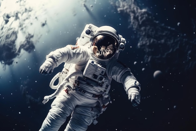 Astronaut floating in zero gravity among the stars and planets