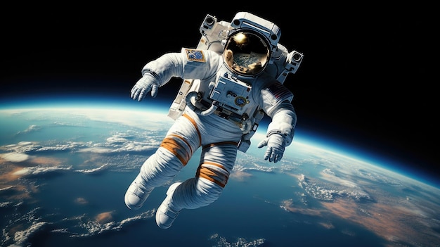 宇宙飛行士は地球が見える間星の光を反射する白い宇宙服を着て浮かんでいる