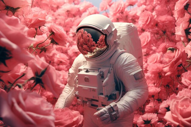 Foto un astronauta in un campo di fiori circondato da fiori rosa