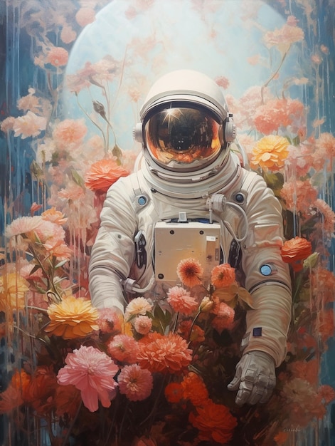 An astronaut in a flower field with a picture of a man in a suit.