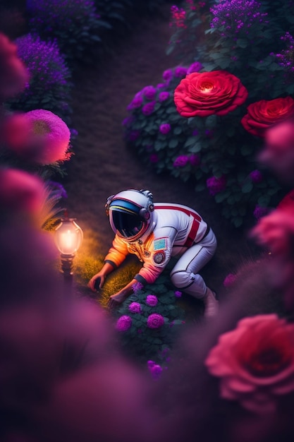 Astronaut in flower garden