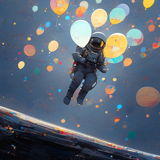 astronaut flying in balloons