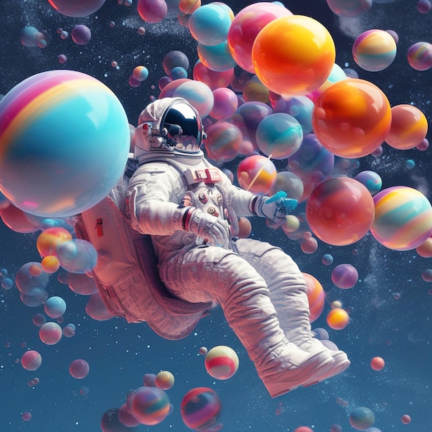 Astronaut flying in balloons