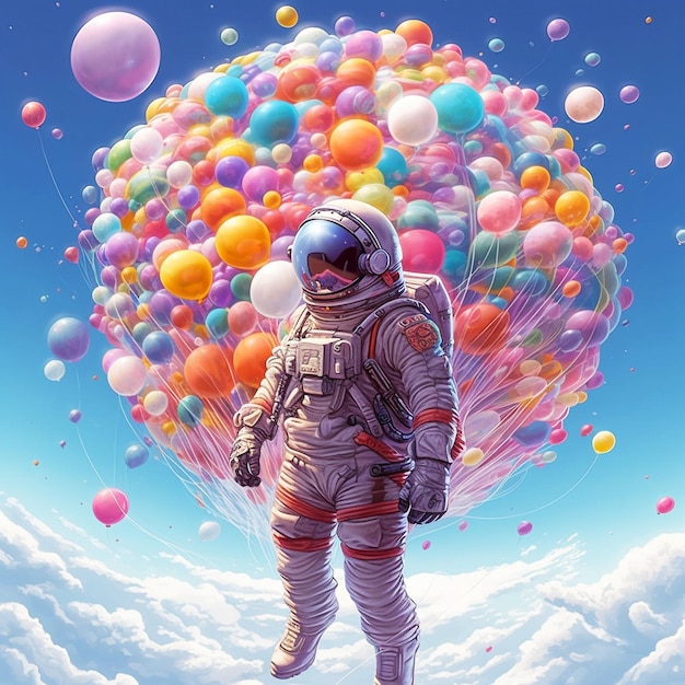 astronaut flying in balloons