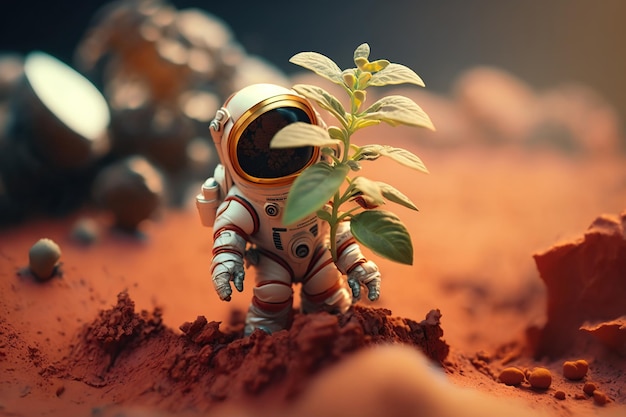 Астронавт нашел растение на Марсе, футуристическое фэнтезийное изображение