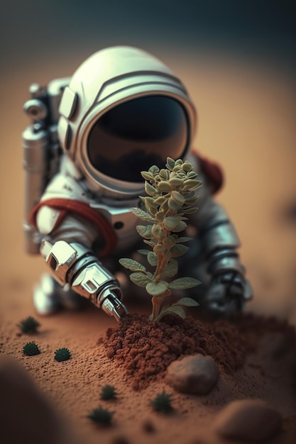 Astronaut found a plant on Mars futuristic fantasy image