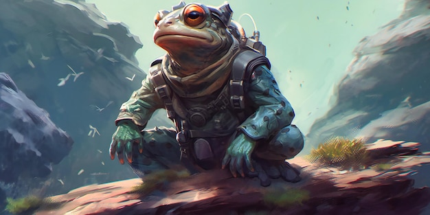 A astronaut frog sitting on a rocky cliff