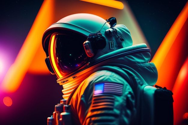 An astronaut in front of a neon triangle.