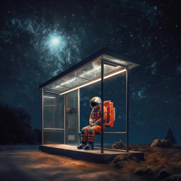 Astronaut in full space suit patiently waiting at a bus stop at night Sci fi concept