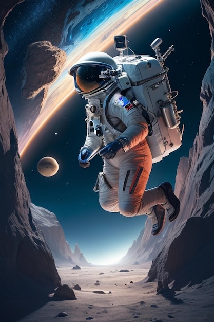 Астронавт в футуристическом шлеме отправляется в лунное путешествие