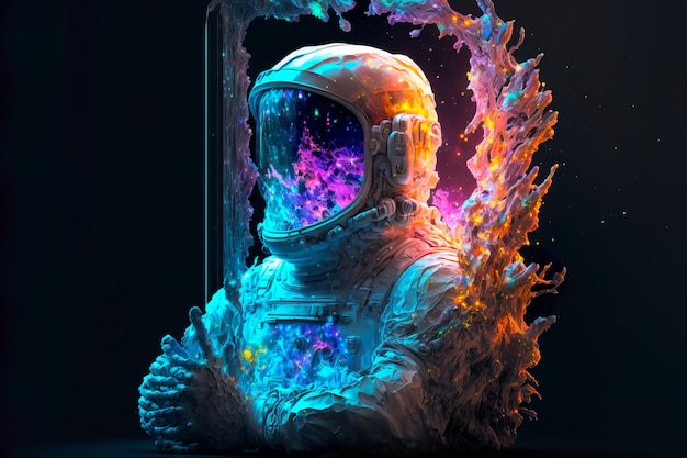 Astronaut in galaxy helmet reflecting bright stars and galaxies projected