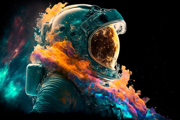 Astronaut in galaxy helmet reflecting bright stars and galaxies projected