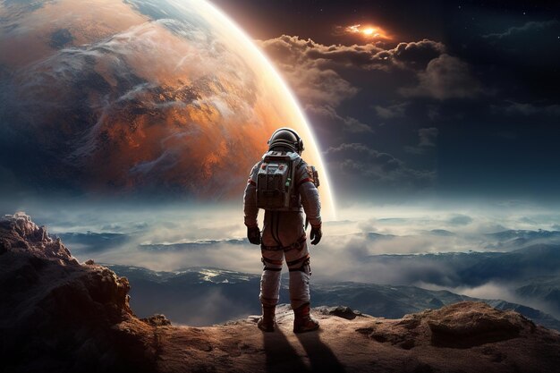 Астронавт смотрит на далекую планету