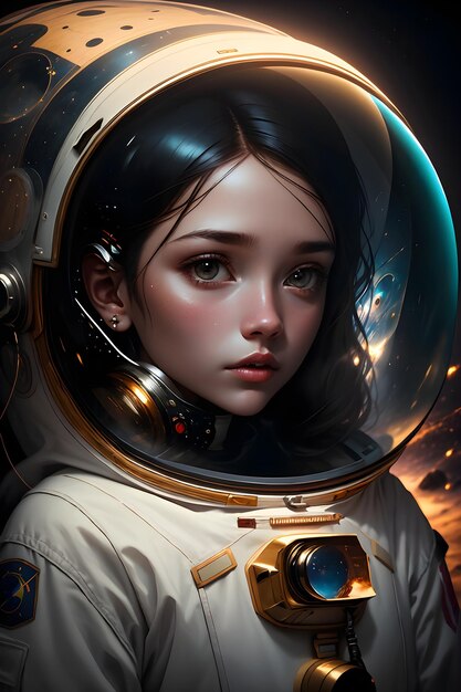 Foto una ragazza astronauta in tuta spaziale nell'illustrazione della carta da parati di fantascienza sullo sfondo dello spazio esterno