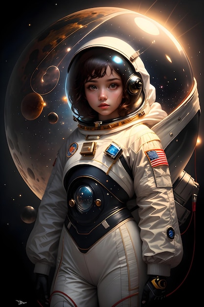 Photo an astronaut girl in spacesuit in outer space background science fiction wallpaper illustration