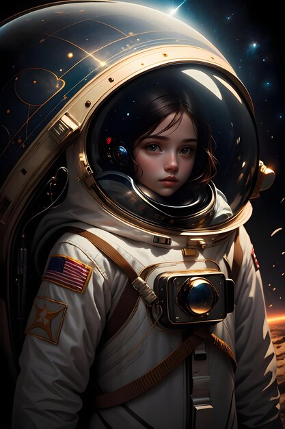Photo an astronaut girl in spacesuit in outer space background science fiction wallpaper illustration