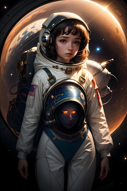 An astronaut girl in spacesuit in outer space background science fiction wallpaper illustration
