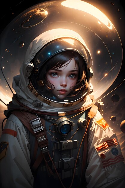 An astronaut girl in spacesuit in outer space background science fiction wallpaper illustration