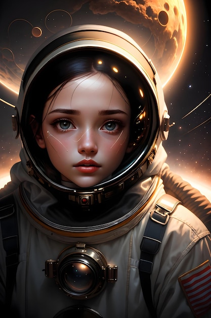 An astronaut girl in spacesuit in outer space background science fiction wallpaper illustration