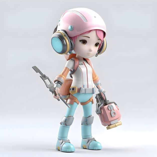 사진 헬멧과 헤드폰을 쓴 우주 비행사 소녀 3d 일러스트레이션