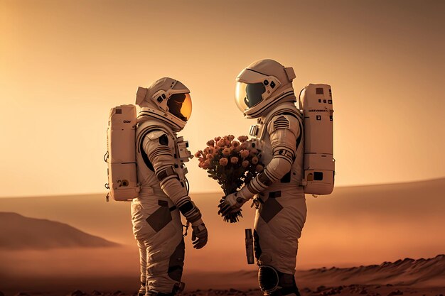 Astronaut gives flowers to another astronaut