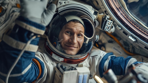 Astronaut glimlacht in een ruimteschip met een NASA-ruimtepak