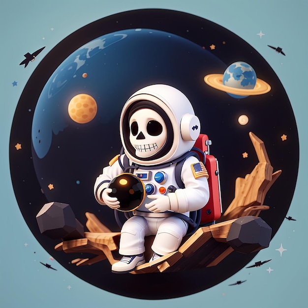 우주비행사 Grim Reaper와 행성 만화 터 아이콘 일러스트 과학 휴가 고립