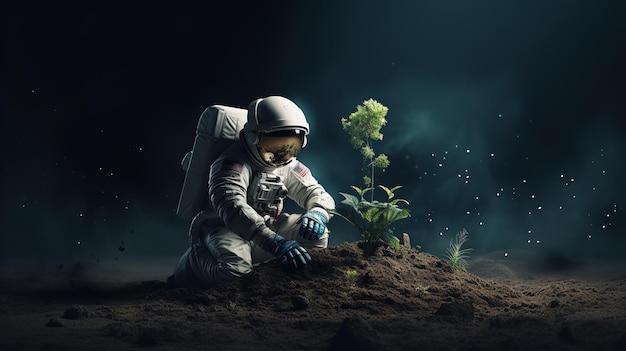 Astronaut growing plant agriculture on alien planet