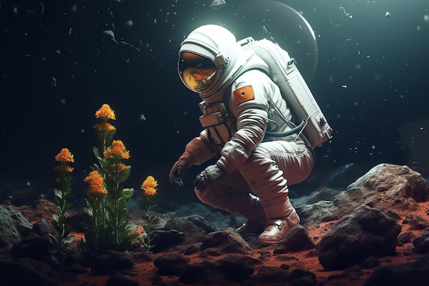 Astronaut growing plant agriculture and farming on alien planet