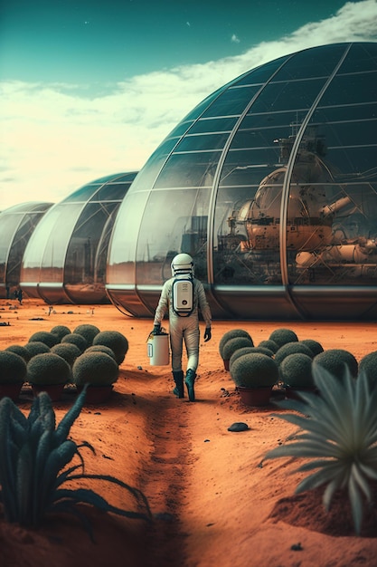 Photo astronaut growing plant in greenhouse on mars futuristic fantasy image