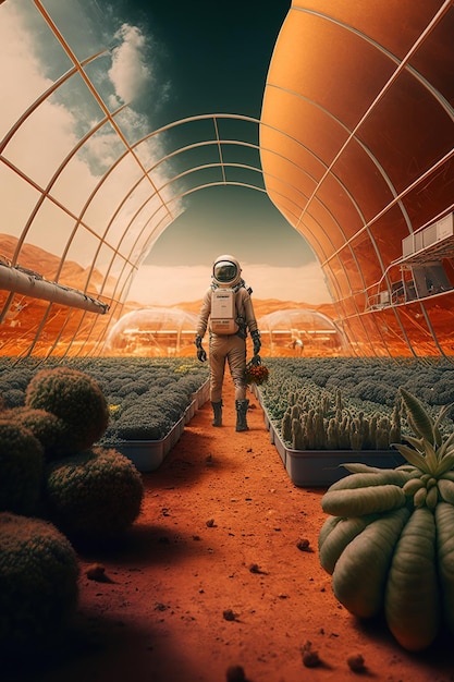 Astronaut growing plant in greenhouse on Mars futuristic fantasy image