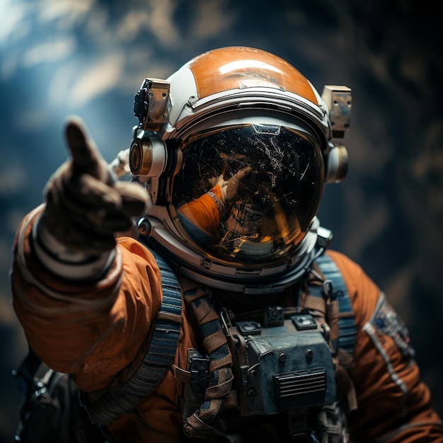 Astronaut hand pointing finger blank screen mockup