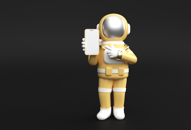 Astronaut Hand Pointing Finger smartphone blank screen template. abstract trendy fashionable mockup. 3D rendering of blank phone mobile app.