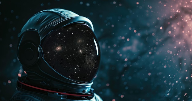 An astronaut helmet against a starry space backdrop evoking wonder