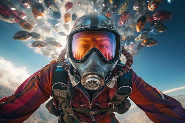 Astronaut in helmet and gas mask flying in the sky A brave skydiver in the open air full face covered with masks AI Generated