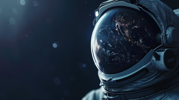 Astronaut helmet with earth reflection on dark space background